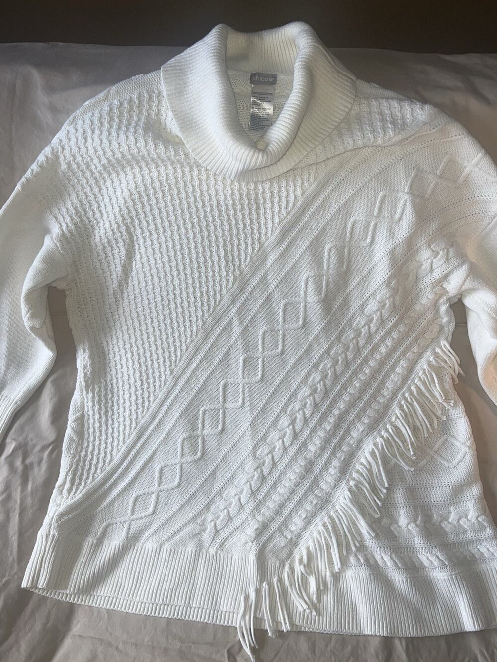 Chico's Ivory Cable Knit Cowl Neck Sweater with Fringe--Chicos size 4 XXL